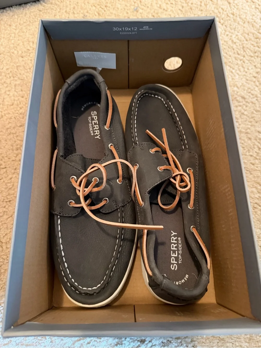 Sperry Dark Gray Leather Boat Shoes with Tan Laces